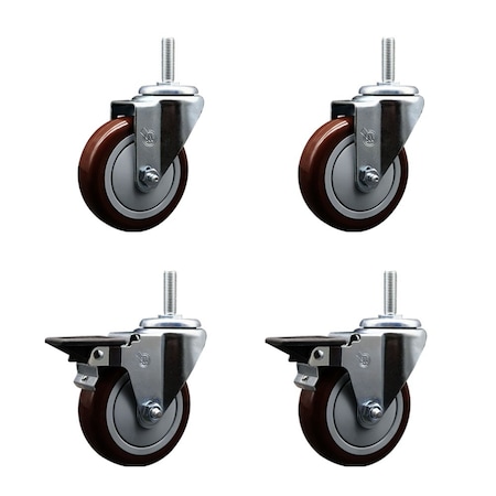 Service Caster 4 Inch Maroon Polyurethane Wheel Swivel 34 Inch Threaded Stem Caster Set 2 Brakes SCC SCC-TS20S414-PPUB-MRN-34212-2-PLB-2